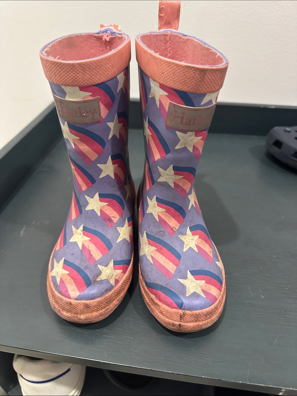 Hatley Purple Rain Boots with Pink Trim and Star Rainbow Print